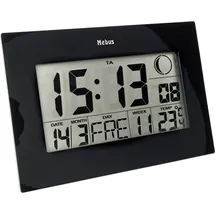 MEBUS Funkwanduhr, Funk-Tisch-Uhr, Zwei Weckzeiten mit Weckwiederholung, Innenthermometer, Kalender, Zeitzonen-Einstellung, Mondphase, Farbe: Schwarz, Modell: 46732