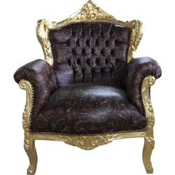 Casa Padrino Barock Sessel Lord Braun/Gold Lederoptik - Antik Stil