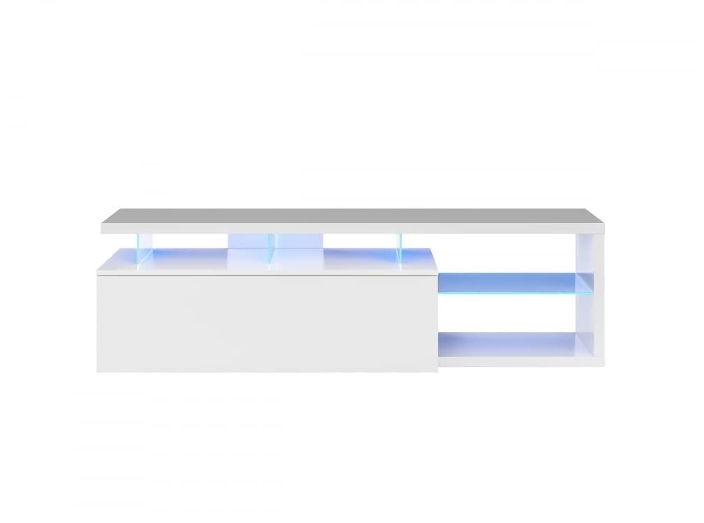 Wohnzimmer-TV-Ständer mit Klapptür und Kristallregalen mit blauem LED-Licht, weiße Farbe, 150 x 43 x 41 cm.