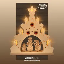 Weigla Schneemannfamilie mit roten Kugeln", natur, B:38cm H:43cm T:4,5cm, Holzwerkstoff, Schwibbögen, Schwibbogen, Erzgebirge garantiert, Lichterspitze aus Buchenholz