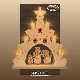 Weigla Schneemannfamilie mit roten Kugeln", natur, B:38cm H:43cm T:4,5cm, Holzwerkstoff, Schwibbögen, Schwibbogen, Erzgebirge garantiert, Lichterspitze aus Buchenholz