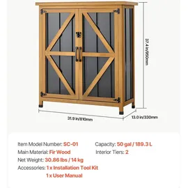 Vevor Gartenschrank Holz, Geräteschrank mit Abschließbaren Türen, Gerätehaus mit Ablage & Boden, Geräteschuppen, Gartengerätehaus, Werkzeugschrank für Terrasse, Garten oder Rasen, 81x33x95 cm