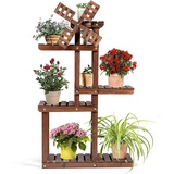 COSTWAY Pflanzenregal Blumenregal mit Windmühle, Blumenständer Holz, Blumentreppe Garten, Pflanzentreppe mehrstöckig, Holzregal (5 Etagen)