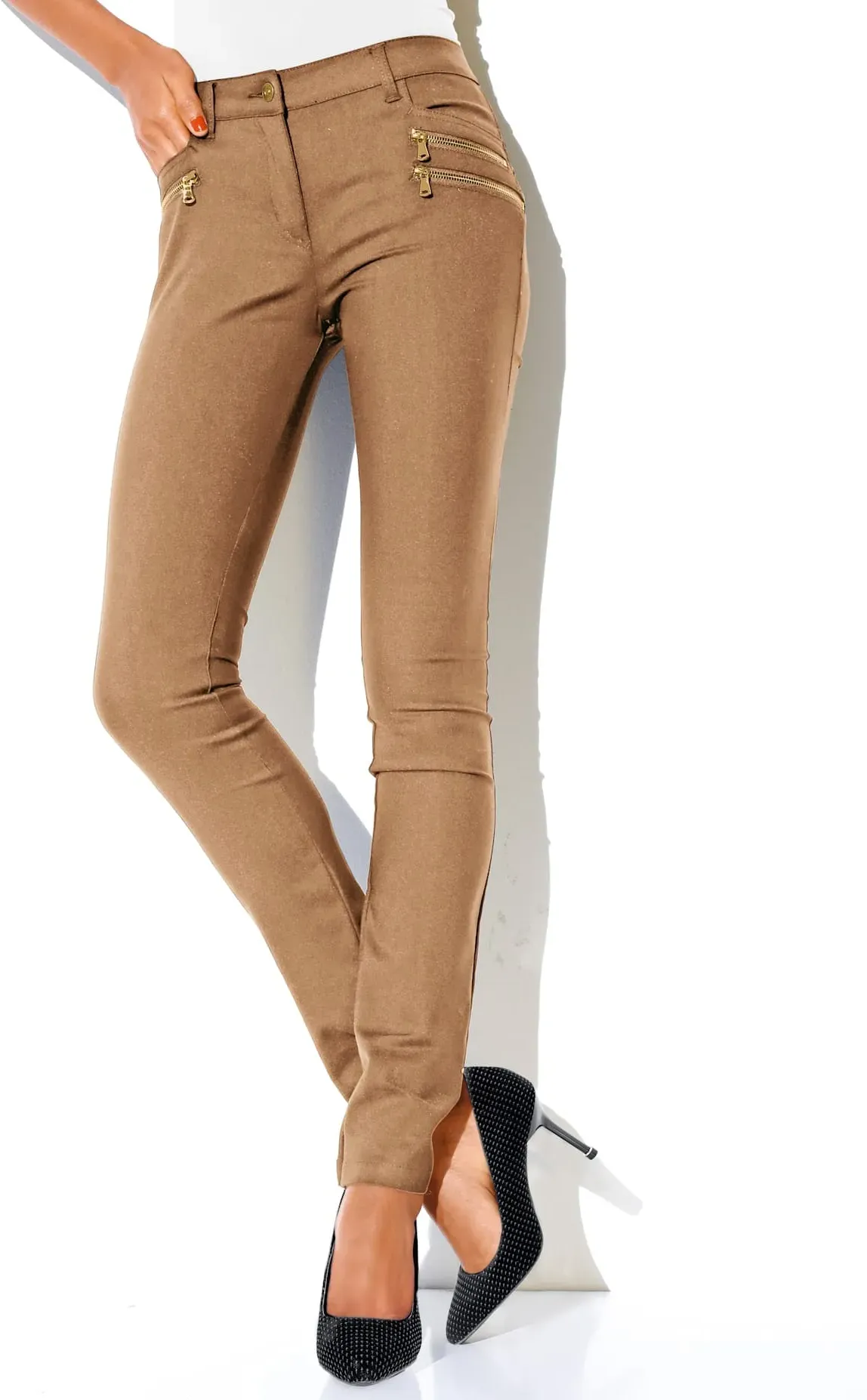 Stretch-Hose HEINE, Damen, Gr. 18, Kurzgrößen, braun (camel), 48% Baumwolle, 45% Polyester, 7% Elasthan, Miedereinsatz:15% Elasthan, 85% Polyamid, unifarben, lang, Hosen