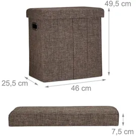 Relaxdays Sitzhocker, HxBxT: 49,5 x 46 x 25,5 cm, mit Stauraum, Griffe, Leinen, Polyester, MDF, braun