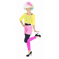 Foxxeo 80er Jahre Aerobic Kostüm für Damen Karneval Fasching Neon Party Netzshirt Größe L