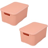 BranQ Home essential Korb mit Deckel in Rattan Design 2er Set Grösse S 7l, BPA-frei Kunststoff PP, Lachsrosa, 28,5x19,5x12,9 cm, 2 Stk.