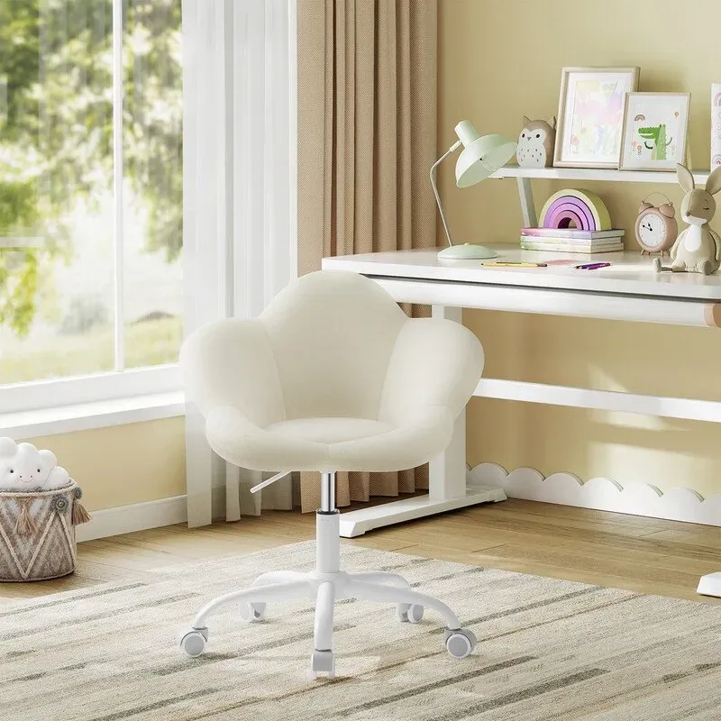 WOLTU Kinderschreibtischstuhl, Ergonomischer Drehstuhl für Kinder, Höhenverstellbar mit Rollen, Blumenförmiger Sitz für Studium, Schlafzimmer, Samt, Beige