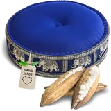 Livasia Meditationskissen mit Thaiseide - Ø 45x15cm - Yogakissen mit Kapok, Pouf, Bodenkissen für Yoga und Zen Meditation, Sitzkissen für Garten und Balkon, Zafukissen (Blau/Elefanten Seide)