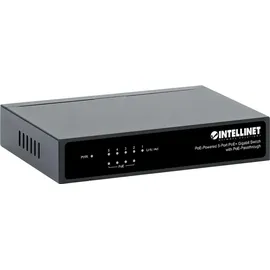 Intellinet Network Solutions INTELLINET 5-Port Switch Power over Ethernet - Gigabit PoE+ Injektor 240V, Passthrough, PoE+ Adapter mit 200m Reichweite, lüfterfrei & leise - Schwarz