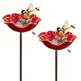 Handgefertigter Blumen-Gartenstecker Aus Metall, Doppelfunktions-Metallblumen-Vogeltränke Und Bestäuber-Wasserstation, Rote Vogelbadschale for Hof, Rasen, Terrasse, Landschaftsdekoration(Red,2pcs)