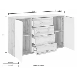 SchlafKONTOR Kombikommode Capri 150 x 90 x 38 cm Wildeichefarben / Basaltgrau