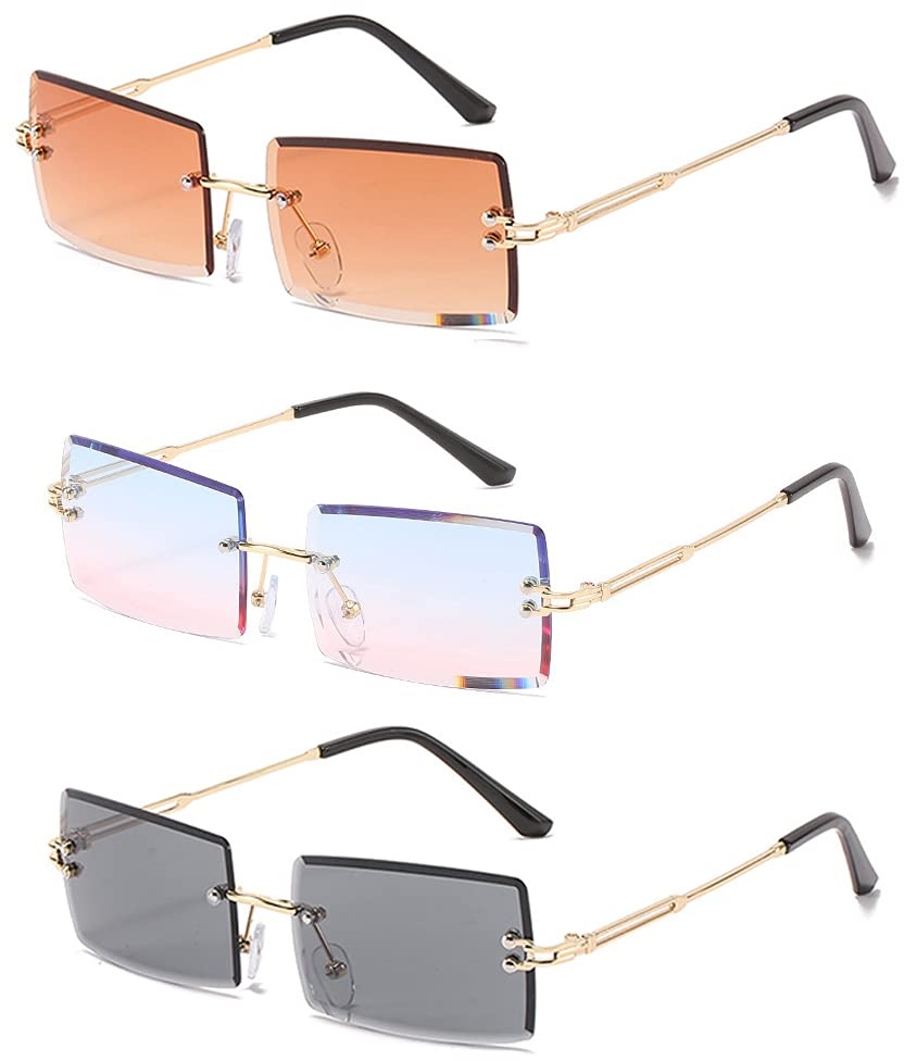 DFGF 3 Stück Fashion Sonnenbrille, Randlose Sonnenbrille, Rechteckige Sonnenbrille Randlose, UV400 Schutz Modische Vintage Randlose Sonnenbrille Für Männer Und Frauen (3 Farben)