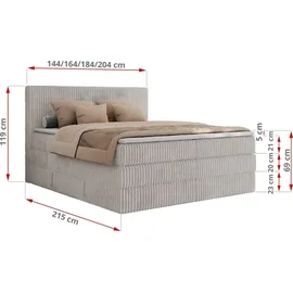 MKS Meble Boxspringbett 140x200 Hellgrau Cord, Boxspringbett mit Matratze H3, Bett 140x200 mit Bettkasten and Kopfteil, Doppelbett mit Stauraum, Po... - Hellgrau