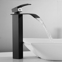 Badarmatur für Waschbecken mit Wasserfall, Mischbatterie für Waschbecken, Hoch-Wasserhahn aus Messing (mattschwarz)