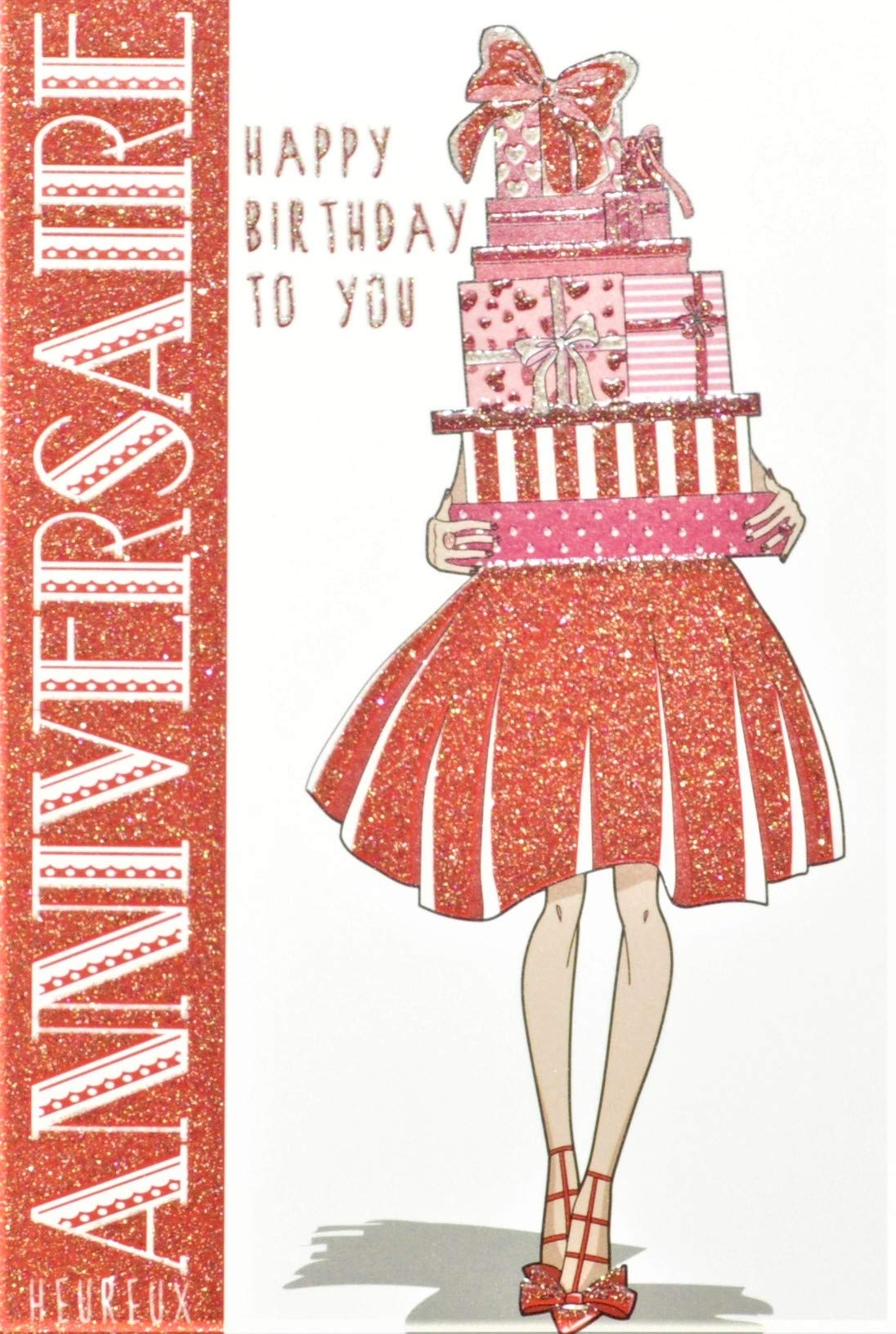 Afie 65-1239 Glückwunschkarte Geburtstag Happy Birthday To You mit Pailletten Mädchen Damen Kleid rot Geschenke für Sie Fersen schön schick elegant hergestellt in Frankreich