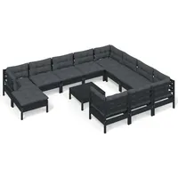 vidaXL 12-tlg. Garten-Lounge-Set mit Kissen Schwarz Kiefernholz