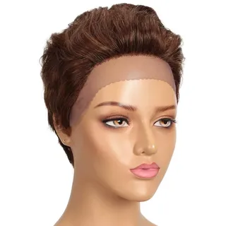 Echthaar Perücke mit Filmansatz kurz Pixie Damen Perücke Lace Front Wigs 22cm 79g Braun