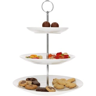 MamboCat Porzellan Etagere weiß 3 stöckig rund Kuchenständer I Cupcake und Tortenständer Muffin I Etagere für Pralinen I Servierständer 3 Etagen I Gebäckteller Weihnachten I Obst Halter Ø 27cm