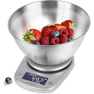 Duronic KS5000 SR/SS Küchenwaage, 5 kg Digitalwaage oval mit 2,5 L abnehmbarer Schüssel, 1 g grammgenau Präzision-Feinwaage, Haushaltswaage mit Tara