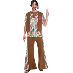 Amscan Hippie-Kostüm 60er 70er Jahre Hippie Kostüm „Psychedelic“ für Herrn – Braun, Anzug und Stirnband bunt M
