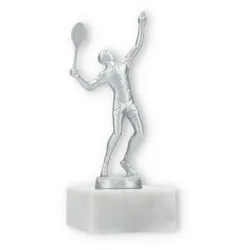 Pokal Metallfigur Tennis Herren silbermetallic auf weißem Marmorsockel 16,0cm