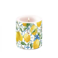 Stumpenkerze Paraffin 7,5x9cm mit Zitronen Muster - Tischkerze Blockkerze Zylinderkerze Kerzendeko Frühling Sommer Garten Dekokerze mediterran Gelb