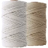 LEDENT Makramee Garn (3mm, 2 x 120M, Set 2 Farben, Ecru & Sand) - Doppelt gedrehtes Seil aus 100% Recycelter Baumwolle zum Basteln - Dickes Makramee Garn für kreative Projekte