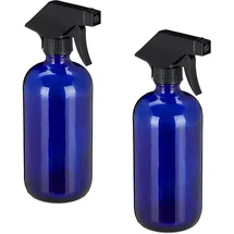 Relaxdays Sprühflasche Glas, 2er Set, 500 ml, nachfüllbar, Nebel & Strahl, Haarpflege, Reinigung, Zerstäuber, leer, Blau