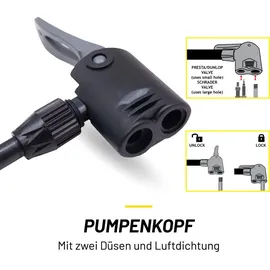 Dunlop Fahrradpumpe 12Bar - Luftpumpe für Dunlop-/Schrader-/Französisches Ventil - Standluftpumpe mit Adapter - Schwarz