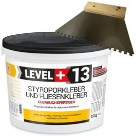 Level + Styroporkleber 15 kg Dispersionkleber Polymerbasis + Zahnahnspachtel 4 mm