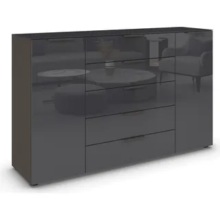 Kommode RAUCH "Flipp", grau (graphit, glas basalt), B:160cm H:99cm T:42cm, Holzwerkstoff, Sideboards, 2-türig, 5 Schubladen, Soft-Close, Oberboden und Front Glas, 2 Breiten