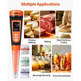 Vevor pH-Meter für Lebensmittel, Messbereich 0–14, Wasserdichte Sonde (IP68), Messgerät mit Automatischer Temperaturkompensation, Kalibrierpulver, für Lebensmittelfermentation, Teig & Fleisch