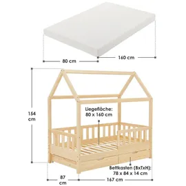 Juskys Kinderbett Marli 80 x 160 cm Kiefer massiv natur beige