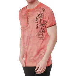 Herren T-Shirt mit Urban-Print Baumwoll-Oberteil Sommer-Rundhals-Shirt mit Knopfleiste S-15246 Orange - S
