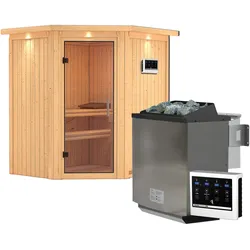 Karibu Sauna Taurin mit Eckeinstieg 68 mm-9 kW Bio-Kombiofen inkl. Steuergerät-Inkl. Dachkranz-Klarglas Ganzglastür