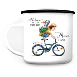 Wandtattoo Loft Kindertasse mit Namen, Motiv Schulkind Schwarze Haare auf Fahrrad, Emaille Tasse Kinder mit Namen, Kindertasse personalisiert, Trinkbecher Kinder, Tasse mit Namen, Camping Tasse Kinder