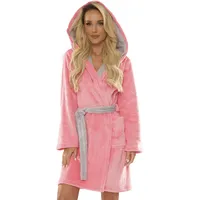 FOREX Lingerie moderner Damen Microfaser-Bademantel supersoft, mit Bindegürtel, Kapuze & Taschen, made in EU, rosa-hellgrau, Gr. XL - XL