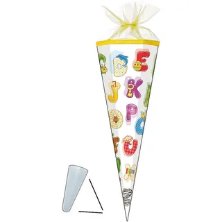 Schultüte - buntes ABC - Alphabet - 35 cm - rund - mit Tüllabschluß - Zuckertüte - Nestler - mit/ohne Kunststoff Spitze - für Jungen & Mädchen - lustige..