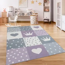 Kinderteppich PACO HOME "Eliz 391", lila, B:80cm H:12mm L:150cm, Polyester, Teppiche, Kurzflor, Spielteppich, Patchwork-Muster, Motiv Krone, Herz & Punkte