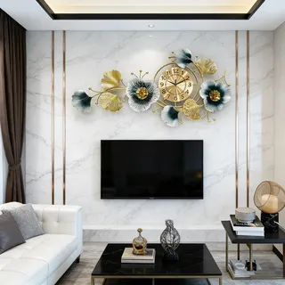 NNYCC Große Wanduhren für das Wohnzimmer batteriebetriebene stille horizontale Wanduhr, Moderne Metall 3D Art Decor Uhr für Schlafzimmer Büro Shop Innenwand,Gold