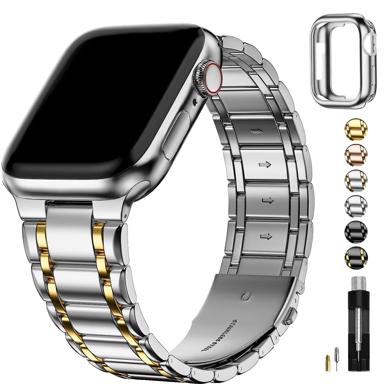 Fullmosa Kompatibel mit Apple Watch Armband 40mm 41mm 38mm Series SE 9 8 7 6 5 4 3 2 1, Edelstahl Apple Watch Ersatzarmbänder für Damen Herren, Metallarmband mit TPU-Schutzhülle, Silber mit Gold