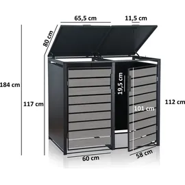 Zelsius Mülltonnenbox für zwei Mülltonnen Anthrazit RAL 7016 Tür in hellgrauer Holzoptik