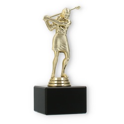 Pokal Kunststofffigur Golf Damen gold auf schwarzem Marmorsockel 17,0cm