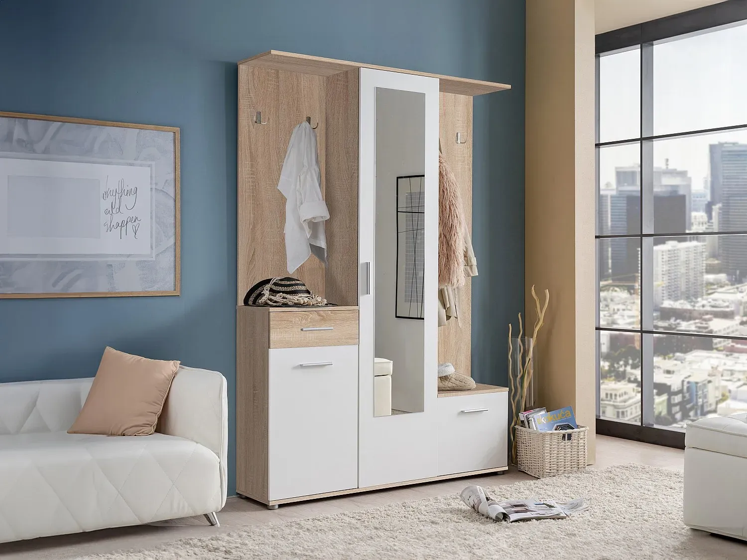 Garderobe mit 3 Türen, 1 Schublade & 1 Spiegel - Holzfarben & Weiß - CAMOLA