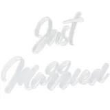 Partydeco Bügelbild Schriftzug 30x18cm Just Married Bügelsticker Kleidung Hochzeit Bügelflicken Applikationen zum Aufbügeln Aufbügelflicken Aufbügler Groß Weiß
