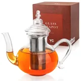 YC Yang Chai Teekanne Glas (1150 ml) mit Siebeinsatz aus rostfreiem 304 Edelstahl - Teekanne mit Siebeinsatz herausnehmbar - Hitzefest und Mikrowellenbeständig I Teekanne mit Sieb I Teapot "Sahara"