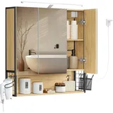 VASAGLE Spiegelschrank 14,5 x 70 cm natureichenfarben mit Beleuchtung