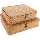 APACALI 2 Stück Seegras Korb mit Deckel, Rechteckig Rattan Korb mit Deckel, Natürlicher Seegras Geflochten Korb, Weidenkörbe für Regale, Organisation von natürlichem Seegras, 2er-Set