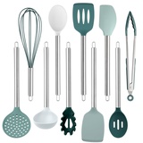 COOK WITH COLOR Silikon-Kochutensilien, Küchenhelfer-Set, leicht zu reinigende Silikon-Küchenutensilien, Kochutensilien für antihaftbeschichtetes Kochgeschirr, Küchenhelfer-Set, 10 Stück, Blaugrün